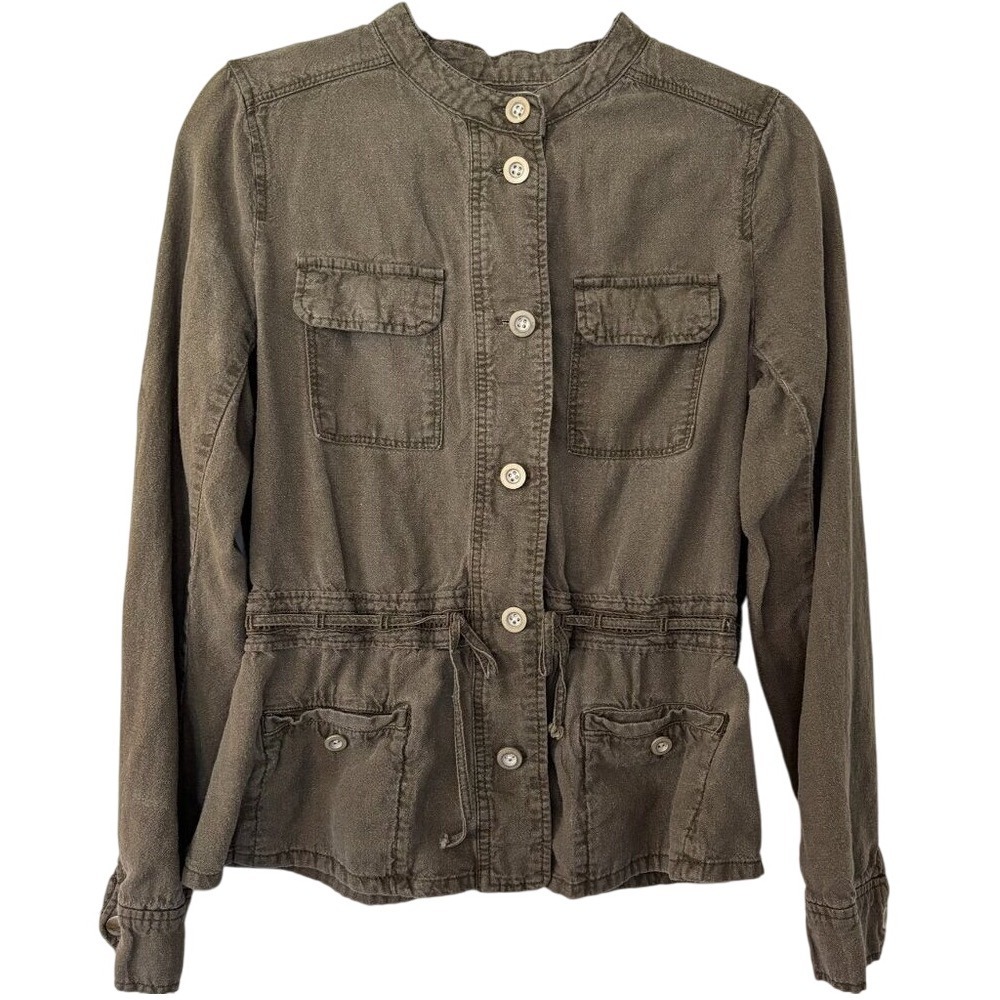 Maurices Linen Blend Womens Green Button Up Drawstring Jacket, Size Small